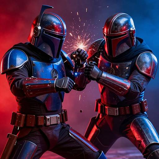 Photograph of two armored Stormtroopers in a dynamic combat pose, firing blasters against a vibrant red and blue smoke-filled background.