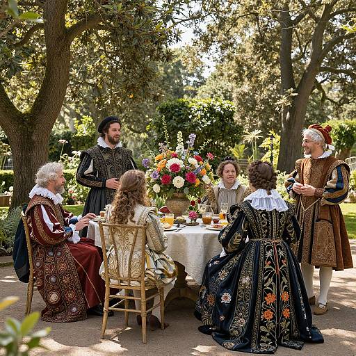 Photograph of six people in elaborate Renaissance costumes dining outdoors, surrounded by trees, with a colorful floral centerpiece on a white tablecloth.