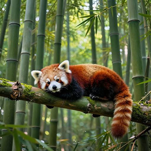Photograph of a red panda lounging on a mossy bamboo branch in a dense, green bamboo forest with sunlight filtering through.
