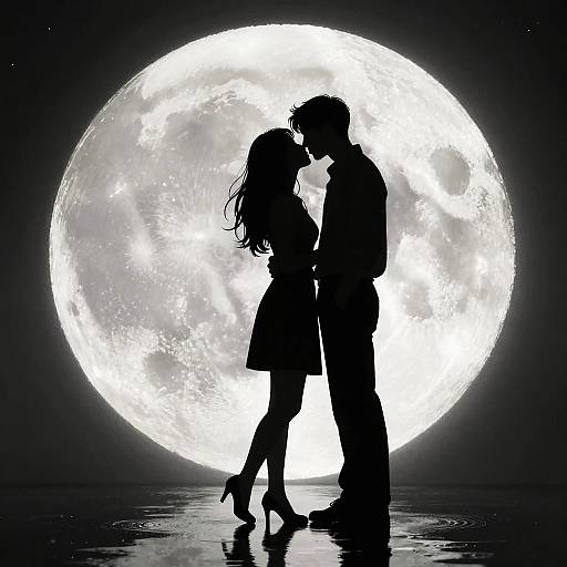 Silhouetted couple kissing against a bright full moon, standing on a reflective surface, in a romantic, high-contrast, black-and-white digital