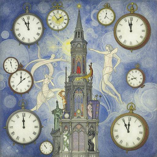 Digital artwork: Clock tower adorned with angels and clock faces, surrounded by floating clocks on a blue, swirling background.