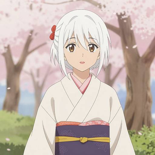 Anime-style digital drawing of a young girl with white hair, brown eyes, wearing a white kimono with a purple obi, and a red hair