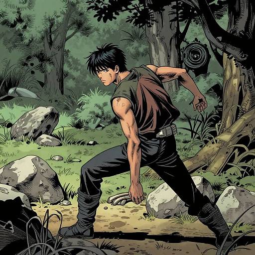 Digital anime-style illustration of a muscular, black-haired man in a torn green tank top and black pants, crouching in a dense forest with rocks