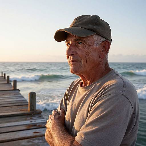 Photograph of an elderly man with graying hair, wearing a gray t-shirt and cap, standing on a wooden pier at sunset, ocean waves in