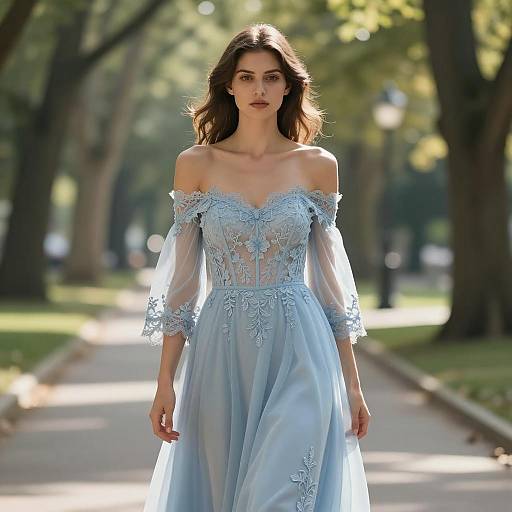 Young Woman in Elegant Light Blue Lace Dress in Park
