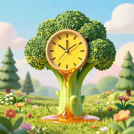 CGI image of a clock with a broccoli head, yellow face, and green stem, standing in a sunny meadow with colorful flowers and pine trees