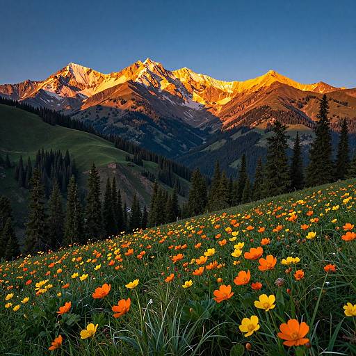 Photograph of a vibrant meadow filled with orange and yellow poppies, set against a backdrop of towering, sunlit mountains and dense evergreen forest