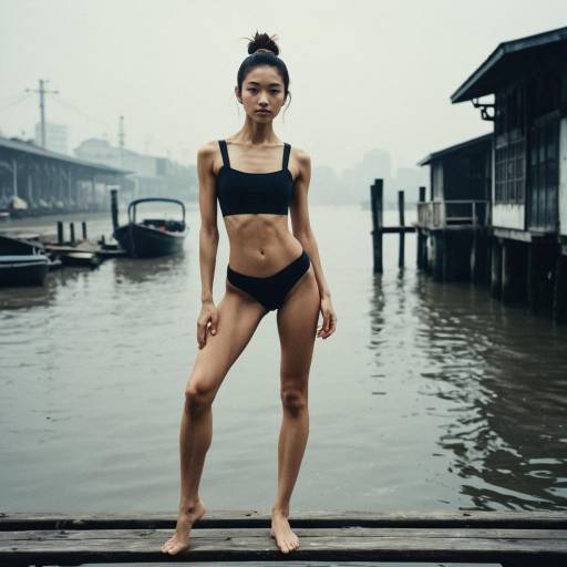 Lean Woman Standing on Misty Riverside Dock