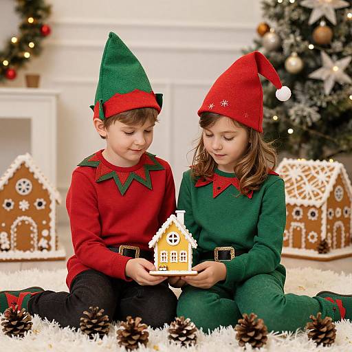 Photograph of two children in red and green elf costumes, sitting on a white rug, examining a small Christmas house, with gingerbread houses and pine