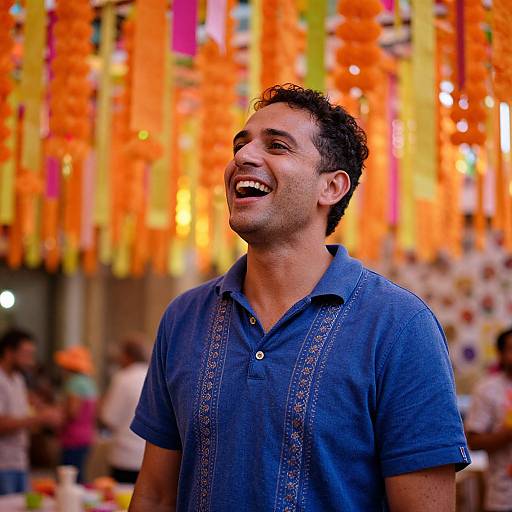 Photograph of a smiling, curly-haired man in a blue, embroidered polo shirt, surrounded by vibrant orange and yellow garlands at a festive event.