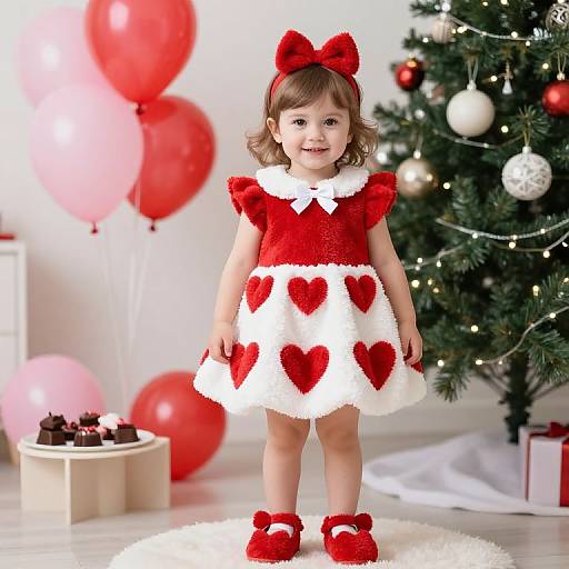 Photograph of a smiling young girl in a red and white heart-patterned Christmas dress, red bow, and shoes, standing in front of a decorated