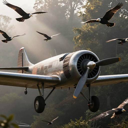 Vintage Plane in Misty Forest Flight