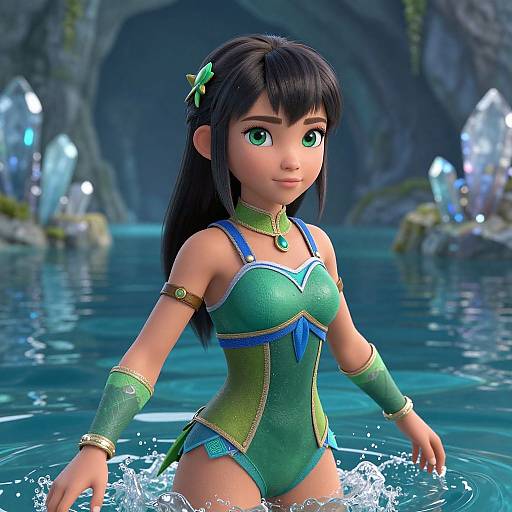 CGI anime-style girl with green eyes, black hair, and green outfit, standing in crystal-lit cave water, wearing jewelry and accessories.