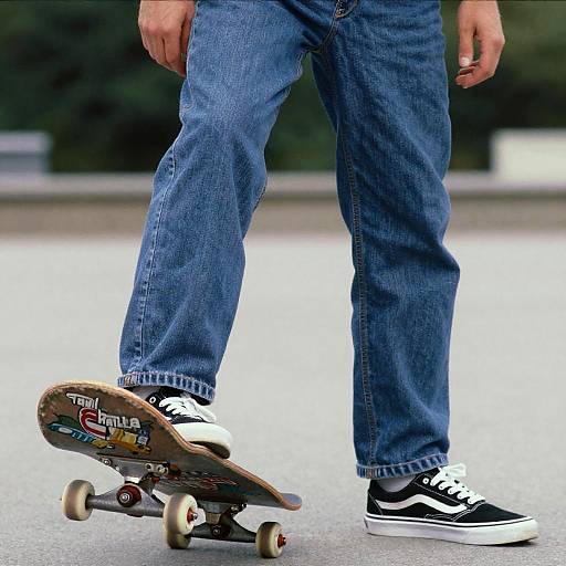 Photograph of a person's lower body in blue jeans and black-and-white sneakers, standing on a worn skateboard with colorful stickers.