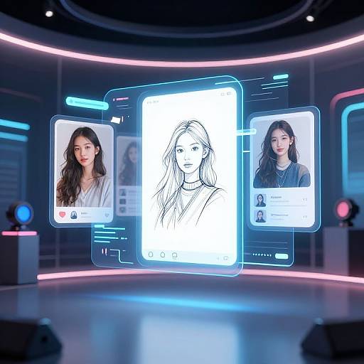 Digital interface showing three women's portraits: one live photo, one black-and-white line drawing, one colored photo. Neon blue and pink lights in futuristic