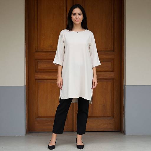 Photograph of a young South Asian woman with medium skin tone, black hair, wearing a white tunic, black pants, and black heels, standing