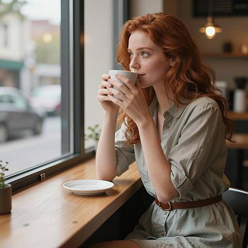 Relaxed Redhead at Café Window