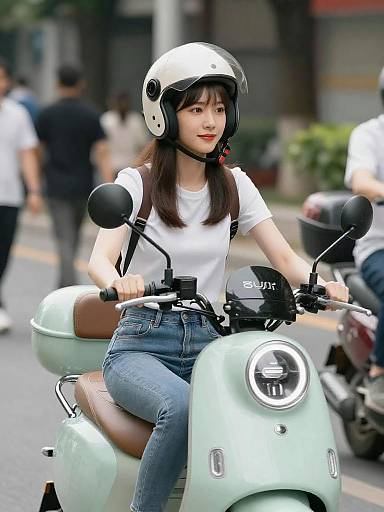 Young Brunette Riding Mint Green Scooter