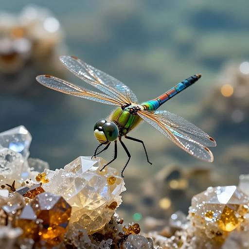 Photograph of a vibrant, iridescent dragonfly with translucent wings perched on sparkling, crystalline rocks against a blurred, sunlit background.
