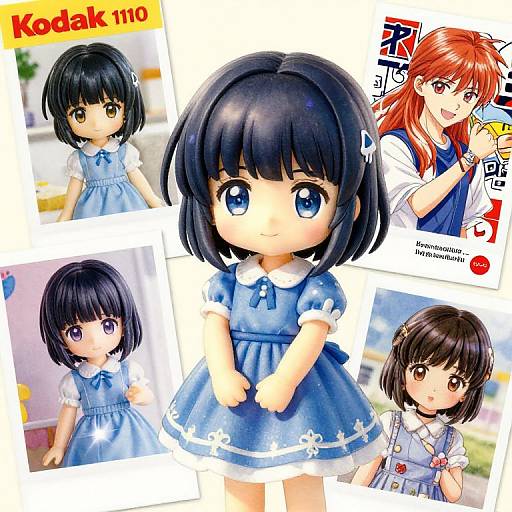 Digital artwork collage of four anime-style girls with large blue eyes, wearing blue dresses, each with unique hairstyles and expressions. 