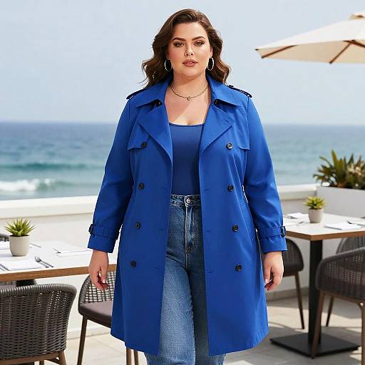 Photograph of a curvy woman with wavy brown hair, wearing a bright blue coat and high-waisted jeans, standing on a sunny beach