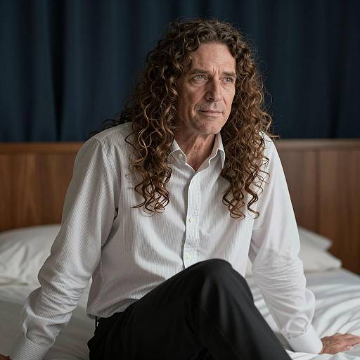 Middle-aged Man with Curly Hair Sitting on Bed