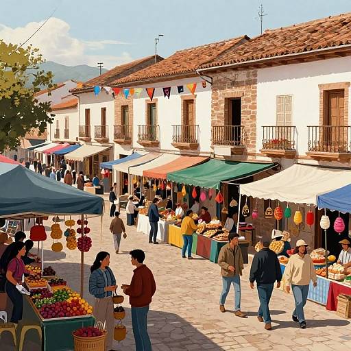 Colorful market street scene with vibrant stalls, people browsing, and historic buildings with red-tiled roofs under a bright blue sky.