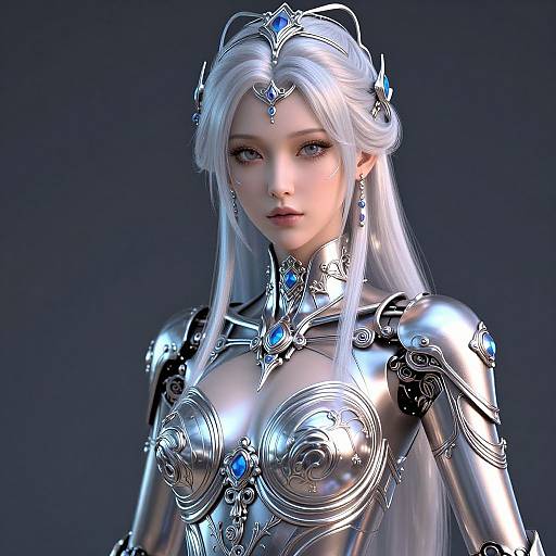 CGI fantasy portrait of a silver-haired woman with glowing blue gems, wearing intricate metallic armor and headpiece, against dark background.