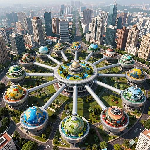 Aerial photograph of a futuristic cityscape featuring a central white dome structure with colorful, globe-topped satellite buildings surrounded by high-rise buildings. Vibrant