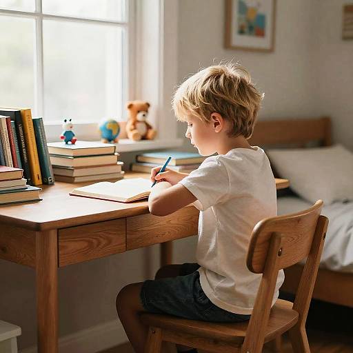 Cozy Blond Boy at Wooden Desk