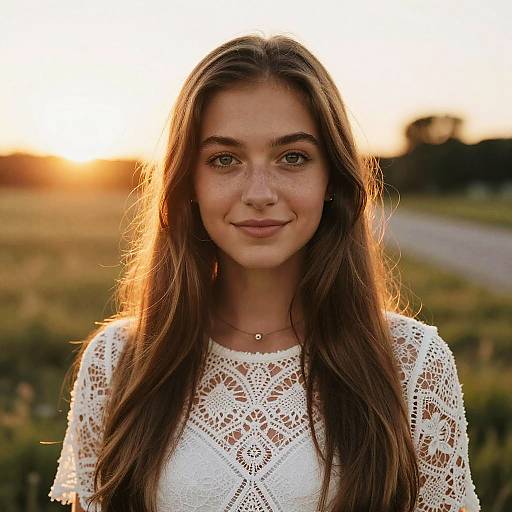 Photograph of a young woman with long brown hair, wearing a white lace top, standing in a sunlit field at sunset.