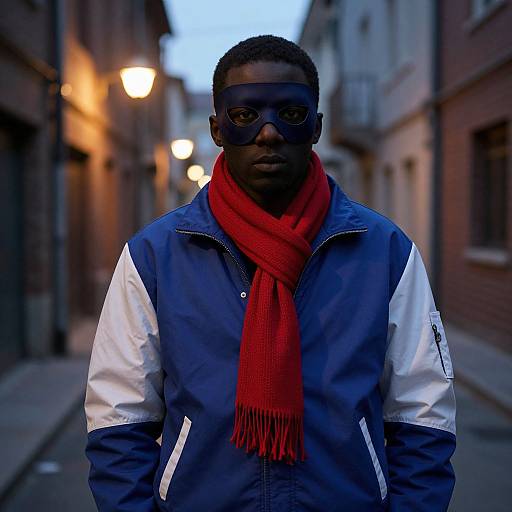 Photograph of a serious Black man with dark skin, wearing sunglasses, a blue and white jacket, and a red scarf, standing in a narrow,