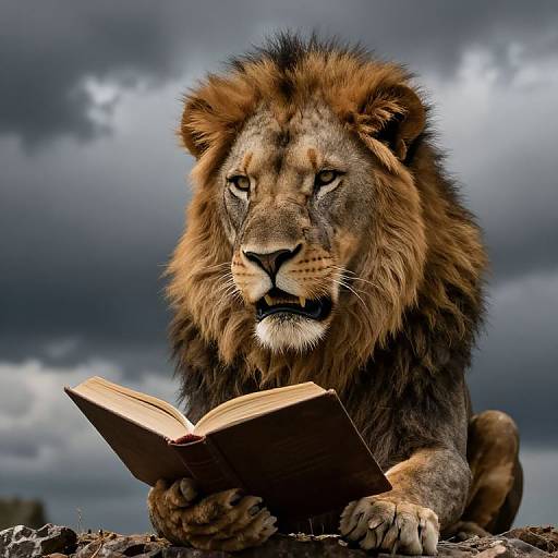 Fierce Horned Lion Reading in Storm