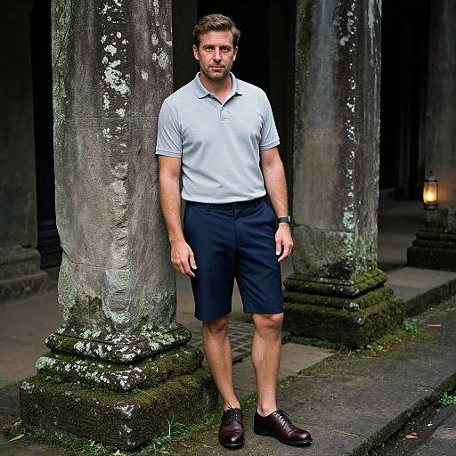 Photograph of a bearded Caucasian man in a white polo and navy shorts, standing against mossy stone pillars in a dimly lit, historic courtyard