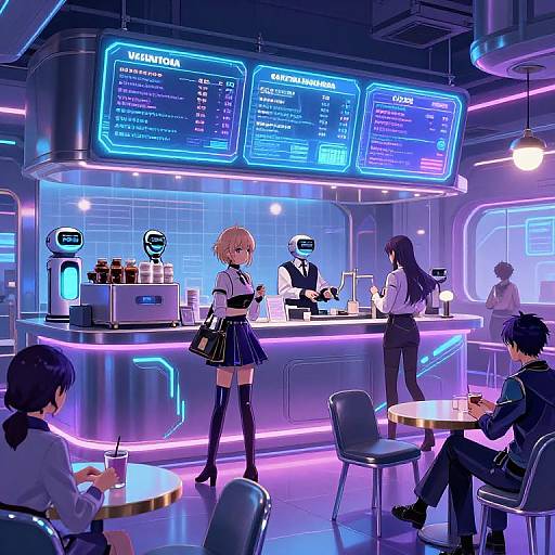 Neon-lit cyber cafe with anime-style patrons; two girls in school uniforms, one taking order, another serving; three seated customers. Digital menu
