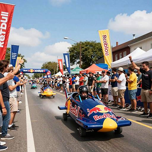 Photograph of a vibrant street race event with Red Bull karts, cheering crowd, colorful banners, sunny sky, and spectators lining the road.