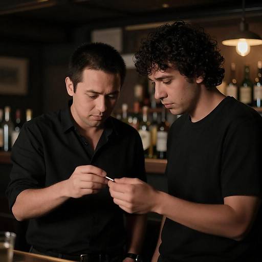Two Men Inspecting Object in Dimly Lit Bar