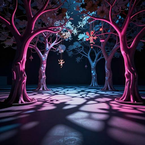 Digital art of a glowing, neon-lit forest with pink and blue illuminated trees, shadow patterns on the ground, and hanging butterflies.