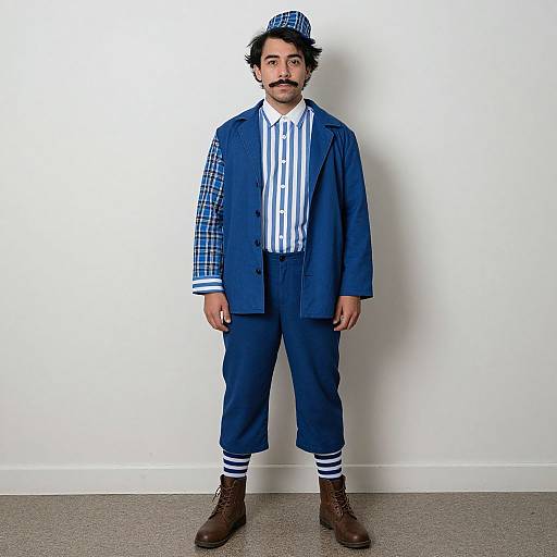 Photograph of a man with dark hair and mustache, wearing a blue plaid jacket, blue striped shirt, blue pants, white socks, brown