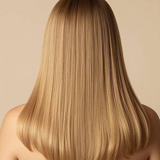 Photograph of a woman's back, showcasing straight, shoulder-length, golden blonde hair with a smooth, glossy texture against a plain beige background.