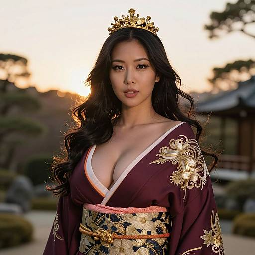 Photograph of an East Asian woman with long black hair, wearing a deep V-neck maroon kimono with gold floral patterns, and a gold crown