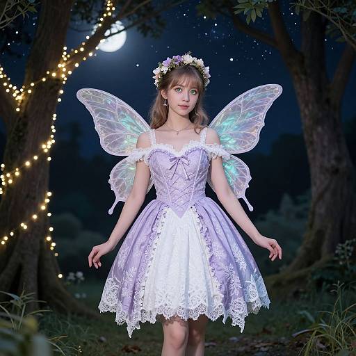 Photograph of a young woman in a white lace dress with iridescent fairy wings, flower crown, and illuminated forest background at night.