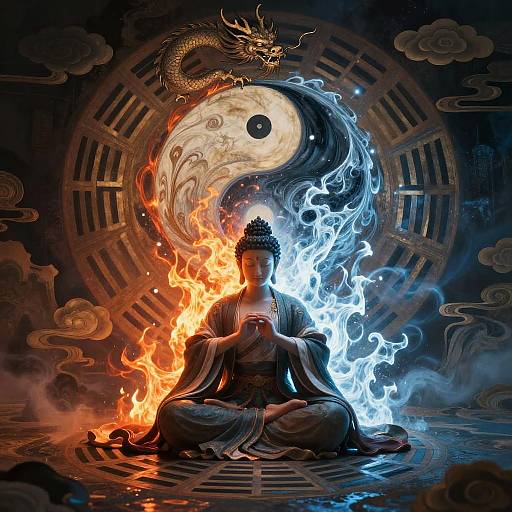 Meditating Figure with Yin Yang Fire and Ice