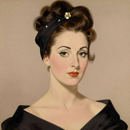 Vintage-style digital portrait of a fair-skinned woman with red lipstick, dark brown wavy hair in a black headband with a yellow flower, wearing