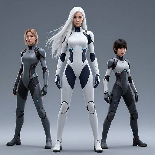 Photorealistic CGI of three women in futuristic, form-fitting, black-and-white bodysuits; central figure with long white hair stands tall,