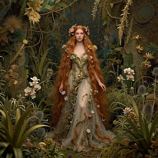 Digital artwork of a red-haired fairy woman with long hair, wearing a floral dress, surrounded by lush, detailed foliage and flowers.
