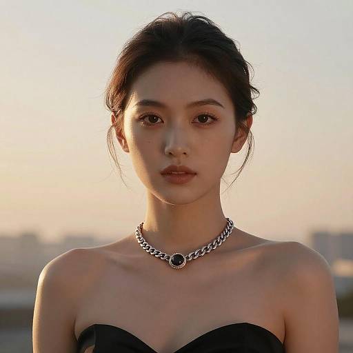 Elegant Woman Wearing Black Dress and Necklace at Sunrise