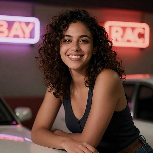 Smiling Woman by Neon Car Nightlife