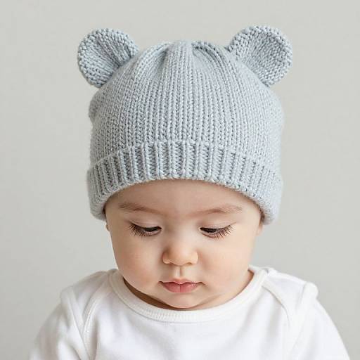 Photograph of a baby with fair skin, wearing a light gray knitted bear hat with round ears, and a white shirt, looking down with closed