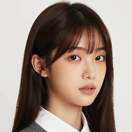 Photograph of an East Asian woman with long black hair, straight bangs, fair skin, brown eyes, and a white collared shirt, against